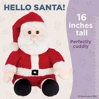 Plush Santa Claus toy with text indicating size and brand