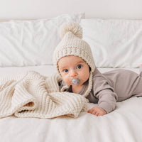 Baby Pom Hat / Bonnet Style Baby Hat / Hand Knit / Natural