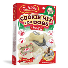 Dog cookie mix packaging with vanilla flavor and free cookie cutter on a white background