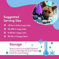 Dog birthday cake packaging with serving size and storage instructions.