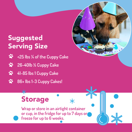 Dog birthday cake packaging with serving size and storage instructions.