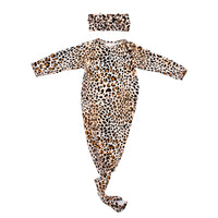 Baby Girl Knotted Gown & Bow Set -  Leopard