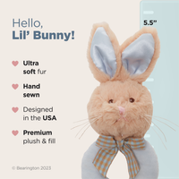 Plush bunny toy with bow tie on a light blue background, featuring text about product details.