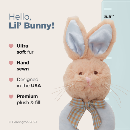 Plush bunny toy with bow tie on a light blue background, featuring text about product details.