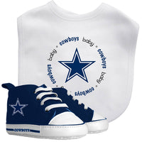 Baby bib and shoes set with Dallas Cowboys logo on a white background