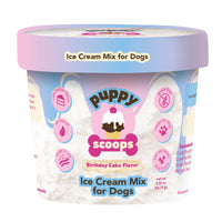 Ice cream mix for dogs with 'Puppy Scoops' branding on a white background