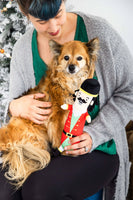 Woman holding a small dog with a toy soldier in front of a Christmas tree