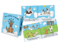 Children's book with illustrations of dogs and angels on a white background