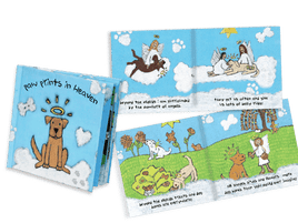 Children's book with illustrations of dogs and angels on a white background