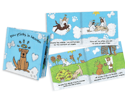 Children's book with illustrations of dogs and angels on a white background