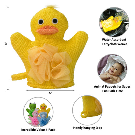 Yellow duck-shaped bath mitt with loofah, baby holding it, and additional product images.