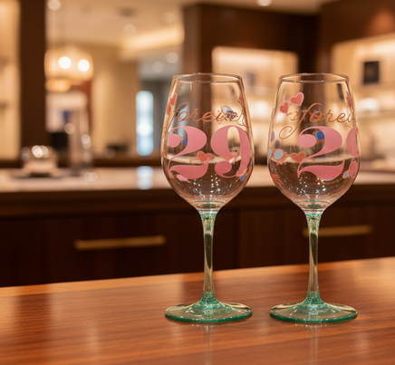 Two wine glasses with colorful designs on a gray background