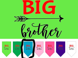 Colorful 'BIG brother' bandanas on a green background with text and an arrow.