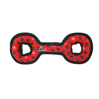 Red and black dog toy with paw pattern on a white background