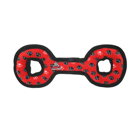 Red and black dog toy with paw pattern on a white background