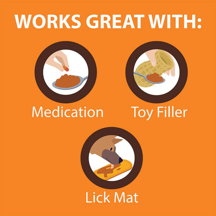 Orange background with illustrations of medication, toy filler, and a dog using a lick mat.