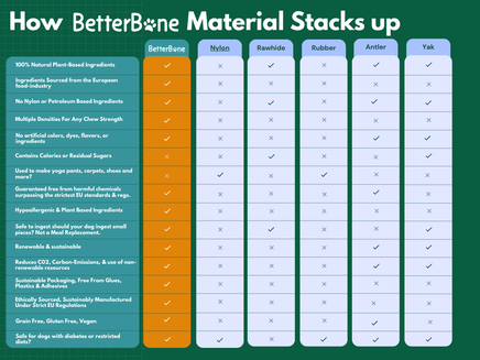 Comparison chart of BetterBone material options with green background
