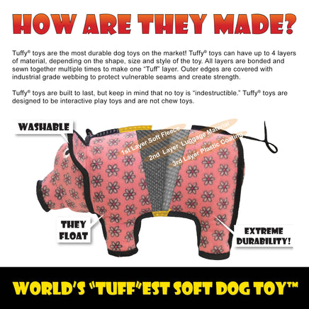 Dog toy with layers labeled and text about durability and construction.
