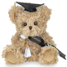 Graduation-themed teddy bear with a cap and diploma on a white background