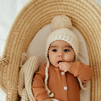 Baby Pom Hat / Bonnet Style Baby Hat / Hand Knit / Natural