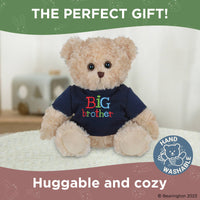 Teddy bear wearing a 'Big Brother' shirt with a green banner above and a label on the bottom right corner.