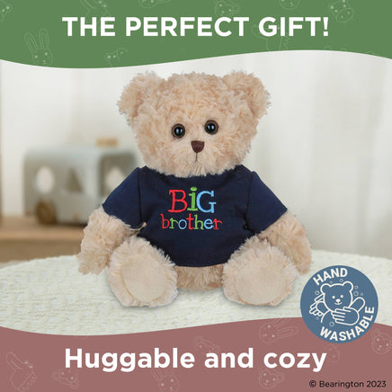Teddy bear wearing a 'Big Brother' shirt with a green banner above and a label on the bottom right corner.