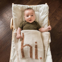 Hand Knit Baby Blanket  - "hI" Baby Blanker - Ivory / Pecan