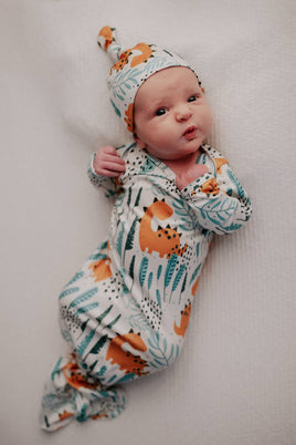 Baby Knotted Gown & Hat 2 Pc Set - 0-3M - Dinosaur
