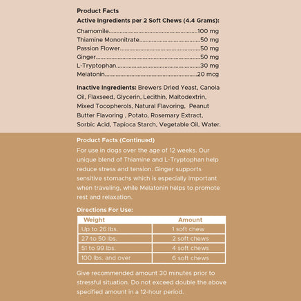 Product label with active and inactive ingredients, directions for use, and product facts on a beige background.