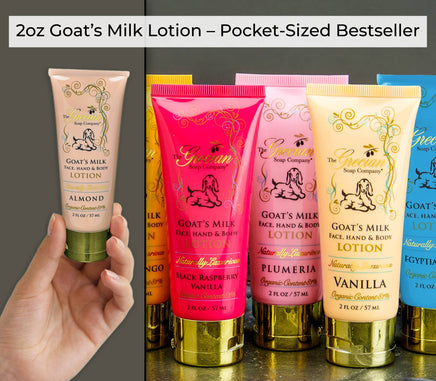 Goat's Milk Lotion tubes in various scents held by a hand, with promotional text overlay.