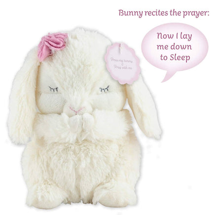 White plush bunny with pink flower and speech bubble on a white background