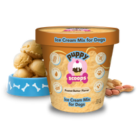 Puppy Scoops Peanut Butter Flavor ice cream mix for dogs in a container with a bowl of ice cream and peanuts on a white background.
