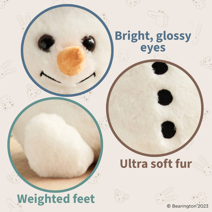 Close-up of a plush snowman toy with text highlighting features like bright eyes, soft fur, and weighted feet.