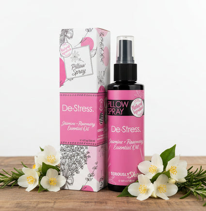 De-Stress pillow spray bottle and packaging on a white background
