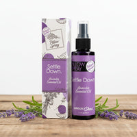 Settle Down lavender essential oil pillow spray with packaging on a white background