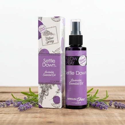 Settle Down lavender essential oil pillow spray with packaging on a white background