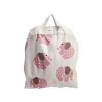 Beige tote bag with pink elephant patterns on a white background
