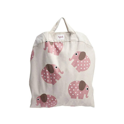 Beige tote bag with pink elephant patterns on a white background