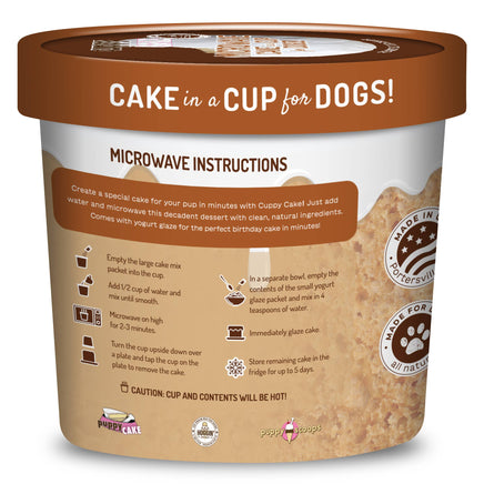 Dog cake in a cup packaging with instructions and branding on a white background