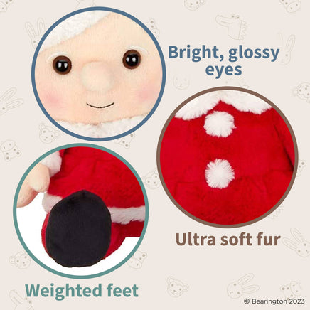 Close-up of a plush toy with bright glossy eyes, ultra soft fur, and weighted feet on a light background.