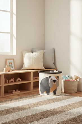 Canvas storage bin with bulldog design on a white background