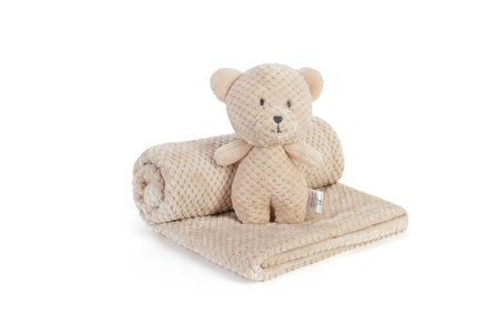 Beige teddy bear and blanket set on a white background