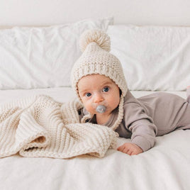 Baby Pom Hat - Bonnet Style Baby Hat - Hand Knit/ Natural