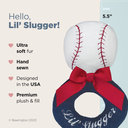 Baseball-shaped plush toy with red bow and 'Lil' Slugger' text on a light background