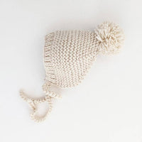 Baby Pom Hat - Bonnet Style Baby Hat - Hand Knit/ Natural