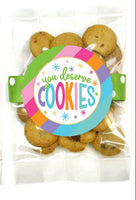 one packages of cookies with colorful 'You Deserve Cookies' labels on a white background