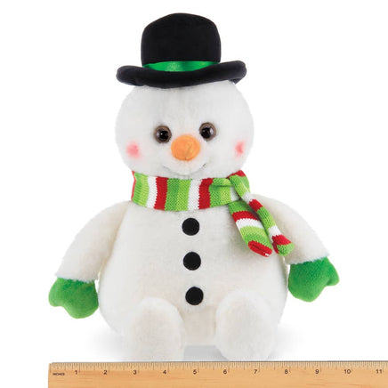 Plush snowman toy with a black top hat, red and green striped scarf, and green gloves on a white background.