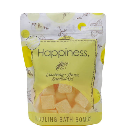 Packaging of bubbling bath bombs labeled 'Happiness' with lemon design.
