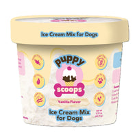 Ice cream mix for dogs with 'Puppy Scoops' branding on a white background