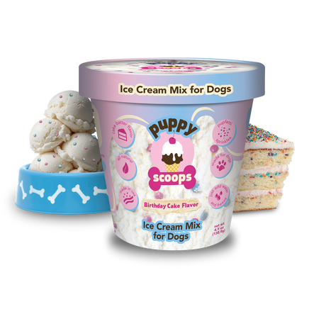 Puppy Scoops Birthday Cake flavor ice cream mix for dogs with packaging and ice cream scoops.